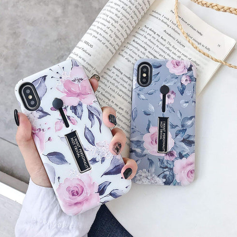 Compatible with iPhone XR Case Finger Grip,3D Embossed Pink Flowers Gray Shell Design,Rugged Shockproof Slim Fit Dual Layer Finger Ring Loop Strap...