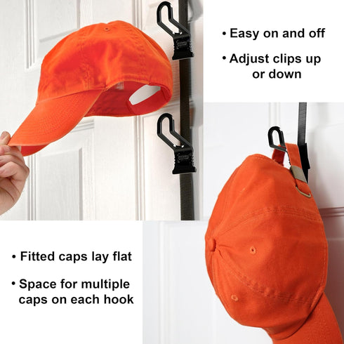 Perfect Curve CapRack | Over-The-Door Hat Organizer for Baseball Caps | 2 Straps, Holds 18-36 Adjustable Caps | Black...