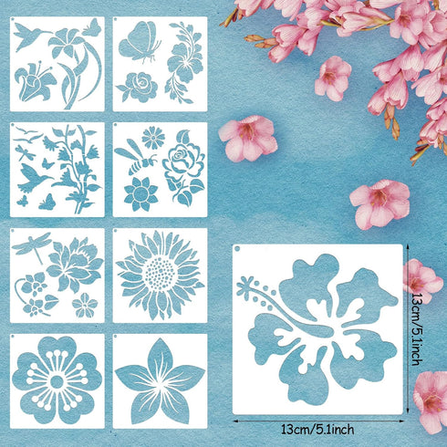 16 Pieces Flower Stencil for Painting Bee Sunflower Butterfly Spring Stencil Large Template Reusable Summer Painting Stencil and Metal Open Ring f...