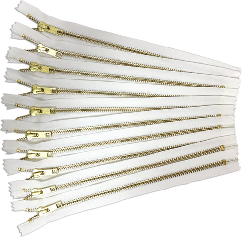 Golden Brass Zippers No. 5 Metal 10 inch Zips in White Pack of 12...