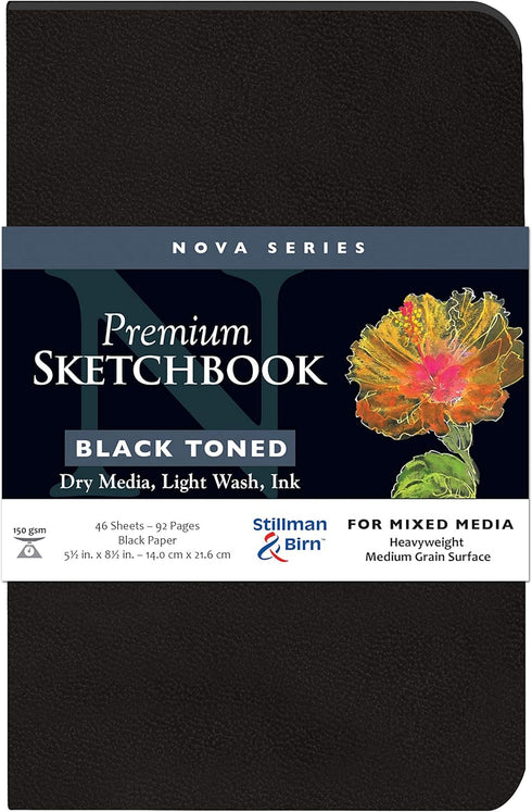 Stillman & Birn Nova Series Black Softcover Sketchbook, 5.5" x 8.5", 150 GSM (Heavyweight), Black Paper, Medium Grain Surface...