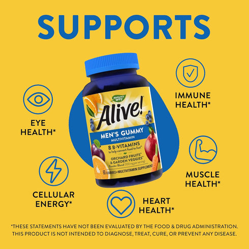 Alive! Men's Gummy Vitamin, Complete Multi-Vitamin Supplement with Orchard Fruits/Garden Veggies Blend of Powder/Juice/Extract, 60 Gummies....