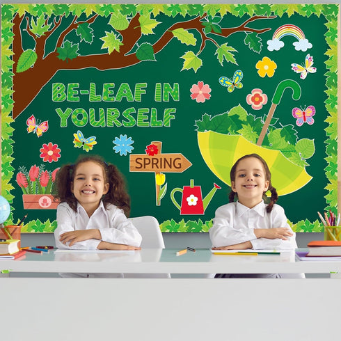 149 Pcs Spring Bulletin Board Boarder Decorations Set Be-Leaf in Yourself Spring Cut Outs Classroom Tree Spring Leaves Flowers Umbrella Cutouts fo...