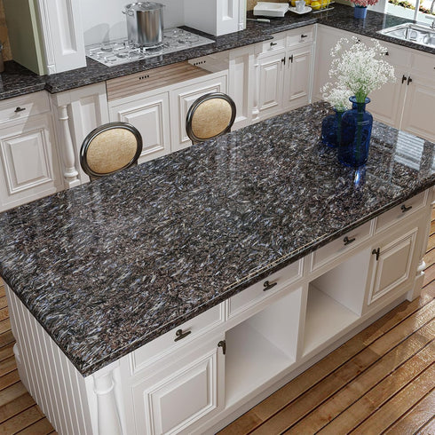 Black Granite Marble Contact Paper for Countertop Glossy Blue Gold Granite Peel and Stick Marble Wallpaper Dark Waterproof Removable Vinyl Wall Pa...