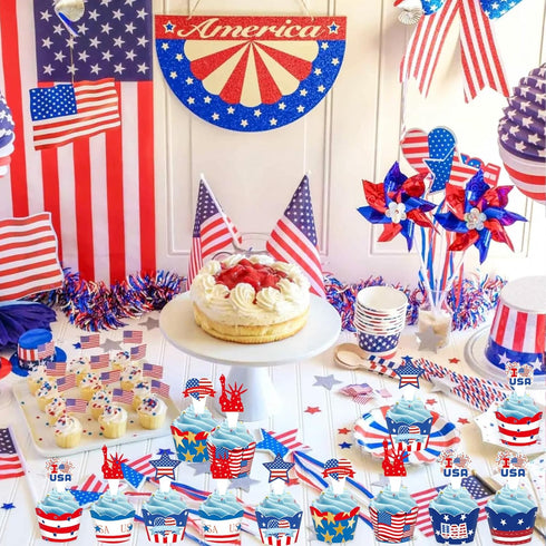 24 PCS 4th of July Cupcake Toppers Wrappers USA Patriotic Cupcake Liners for Cake Decoration Supplies, Independence Memorial Day Party Cake Decora...