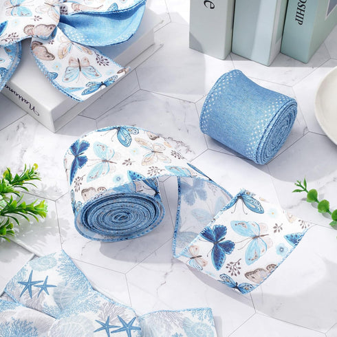 AnyDesign Spring Wired Edge Ribbon Butterfly Craft Ribbon Blue Fabric Ribbon for Wreath Bow Making DIY Crafts Wrapping Party Decor Supplies, 2 Rol...