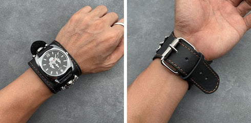 Good Leather Punk Skull Quartz Men's Wrist Watch,Big Dial Skull Women's Watch,Skull+Chains+Rivets Elements,Fashion Gift Watch Cool, Black...