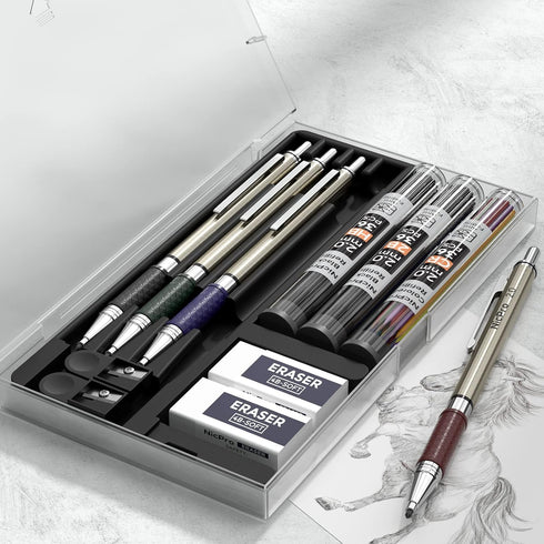 Nicpro 4 PCS Premium 2.0 mm Mechanical Pencils Set, 108 Colored & Black (HB 2B) Lead Refills, Art Metal 2mm Carpenter Pencil with 2 Erasers, 2 Sha...