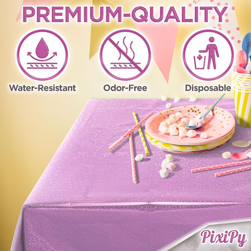 PixiPy Premium Plastic Disposable Tablecloth (2 PK, Purple, 40" x 108") Elegant Table Cover for Parties, Heavy Duty Thick Laser Cut Napery Indoor ...