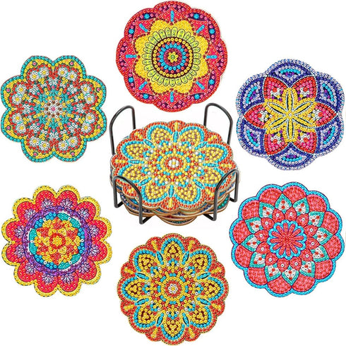 Round Diamond Art 6 Pieces of Diamond Painting Coasters with Brackets, Mandala Art Coasters, Adult DIY Diamond Art Crafts, Small Diamond Painting ...