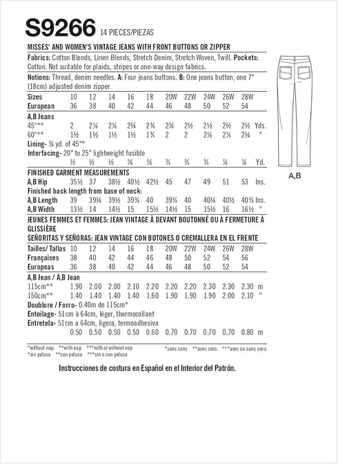 Simplicity Misses' and Women's Vintage Jeans Packet, Code 9266 Sewing Pattern, Sizes 20W-28W, White...