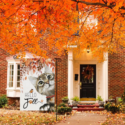 Fall Cat Garden Flags 12x18 Inch Double Sided, Hello Fall Cat Maple Small Yard Flags Seasonal Decorations for Outdoor...
