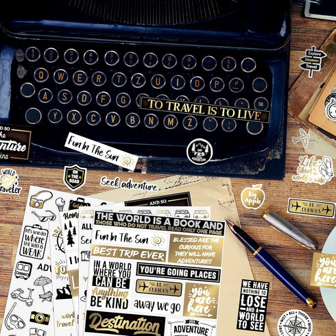 30 Sheets Travel Theme Scrapbook Stickers Gold Foil Vintage Scrapbooking Stickers Adhesive Vinyl Adventure Stickers for DIY Craft Kits Journal Pla...