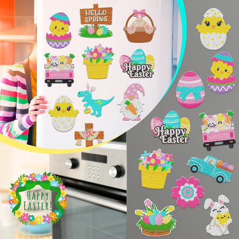 16 Pcs Easter Diamond Painting Magnets for Refrigerator Spring Diamond Art Magnets DIY Bunny Eggs Gnome Cross Flower Diamond Painting Kits Pink Ye...