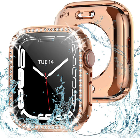 2 in 1 Bling Waterproof Case for Apple watch Series SE 6 5 4 44mm, 360 Protective PC Cover Front & Back Bumper with Tempered Glass Screen Protecto...