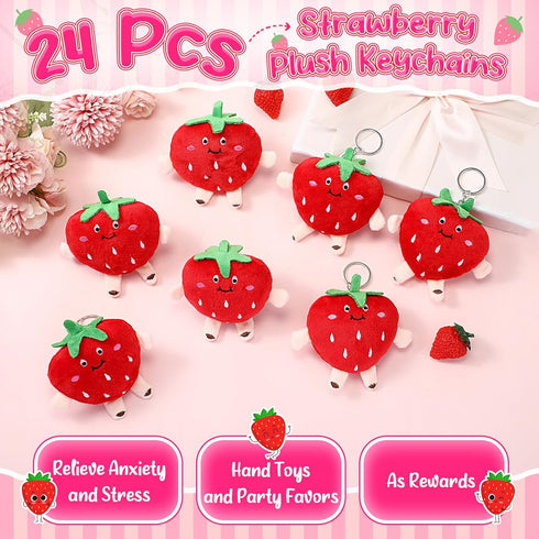 XunYee 24 Pcs Cute Strawberry Fruit Keychains Plush Pendant Red Plush Stuffed Kawaii Charm Goodie Bag for Strawberry Party Favor...