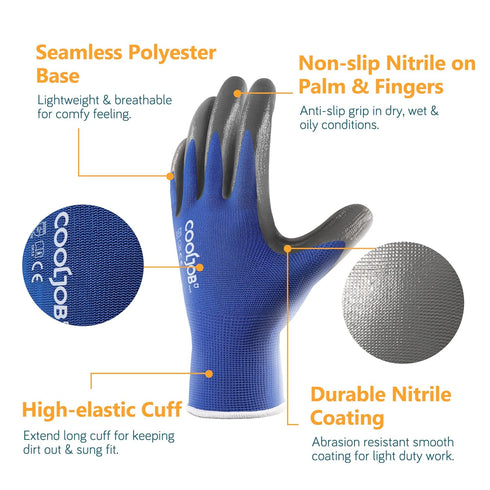 COOLJOB 10/20 Pairs Safety Work Gloves for Men Women Non-slip, Nitrile Rubber Coated Working Garden Yard Gloves Bulk with Grip, Palm Dipped Oil Re...