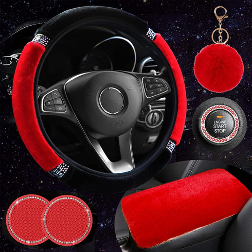 1 Sets 6 Pieces Fluffy Steering Wheel Cover Set for Women,ZYNQACC Diamond Plush Steering Wheel Cover Bling Car Coaster Rhinestone Ring Sticker Aut...