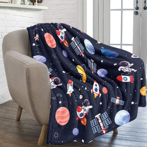 Outer Space Blanket for Boys, Soft Space Astronaut Theme Plush Flannel Blanket for Nursery Baby Crib, Cozy Warm Navy Blue Rocket Galaxy Planet Fuz...
