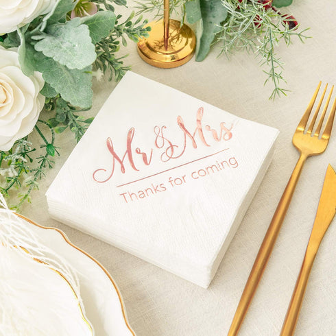 Crisky Wedding Napkins Mr Mrs Rose Gold Cocktail Beverage Dessert Napkins for Wedding Tabel Decoration Engagement Party Supplies, 100 Pcs, 3-Ply...