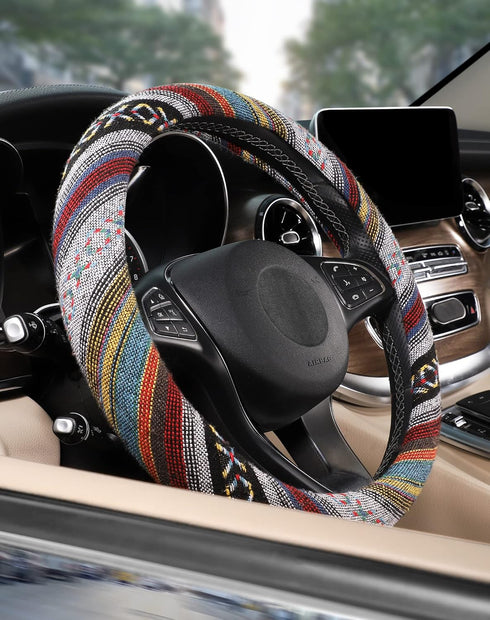 SEG Direct Boho Steering Wheel Cover with Baja Blanket Cloth, Ethnic Style Auto Wheel Cover Made of Coarse Flax, Fits 14 1/2-15 1/4 inches Car Whe...