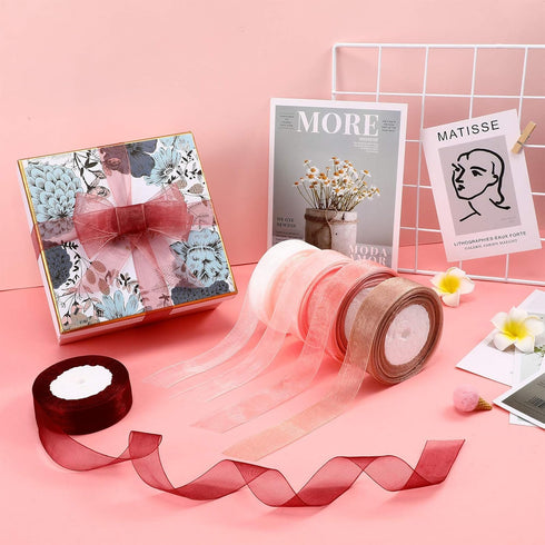 6 Rolls Sheer Chiffon Ribbon Organza Satin Ribbon Transparent Chiffon Ribbon for Wrapping Decorating Valentine's Day Wedding Birthday Bouquet Garl...