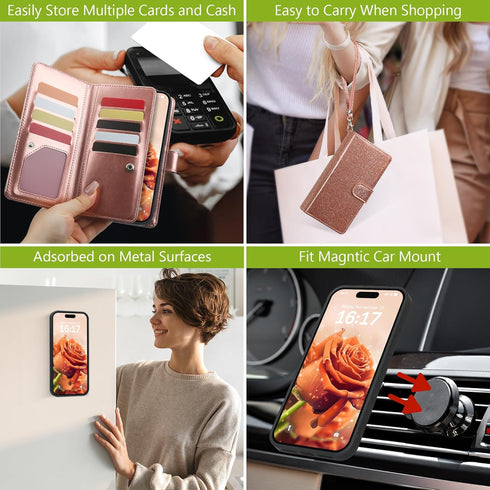 Varikke for iPhone 11 Wallet Case Detachable with 9-Card Holder for Women, Fashion Glitter PU Leather Wrist Strap Strong Magnetic Flip Wallet Remo...