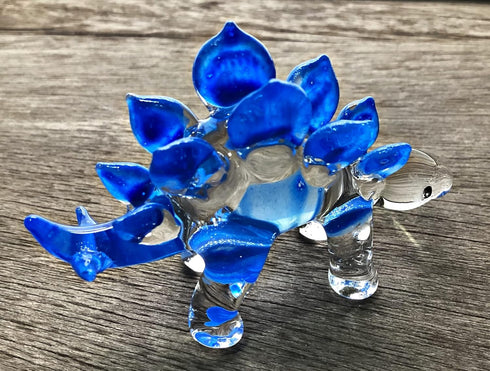 Garden Deco Glow in The Dark Blue Stegosaurus Hand Blown Art Glass Figurine Ornament Sculpture...