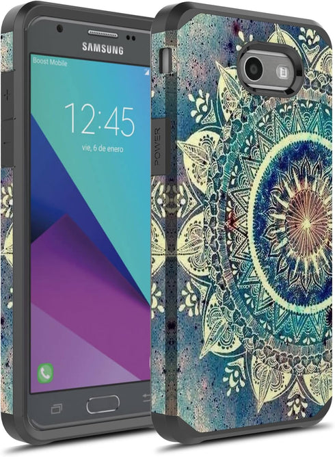 Rosebono Dual Layer Shockproof Hard Cover Graphic Case for Galaxy J7 - SM-J727 (Green Mandala)...