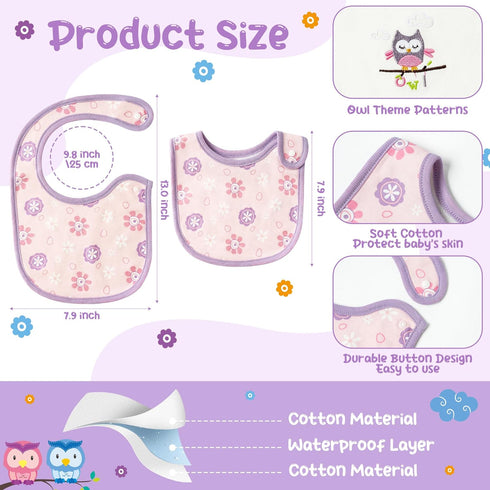 Cotton Drooling Baby Bib - 3Pcs Unisex Boy Girl Cotton Teething Infant Bibs with Adjustable Buttons Purple Owl Toddler Food Bibs Keepsake Baby Gif...