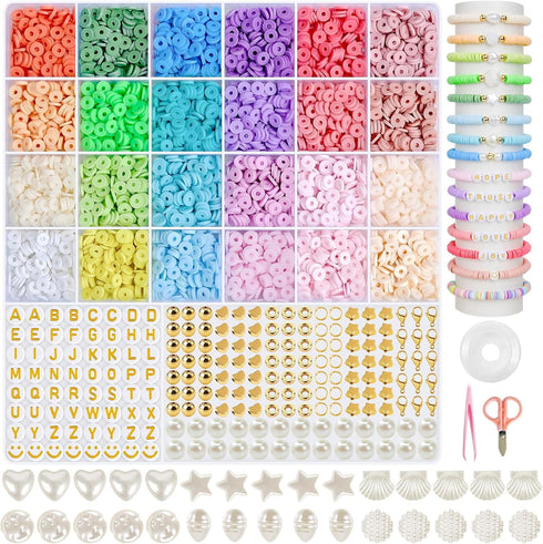 TEXGIZRLY Clay Bead Bracelet Kit, Clay Beads for Bracelet Jewelry Making, 24 Colors Clay Bead Kit with Letter Beads for Girls Adults DIY Craft, Fl...