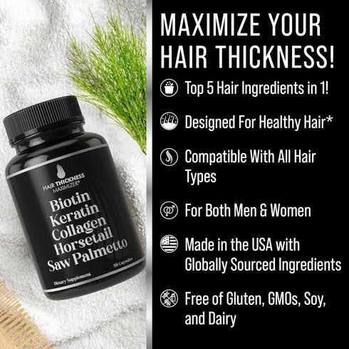 Biotin + Keratin + Collagen + Horsetail + Saw Palmetto. Advanced 5-in-1 Hair Growth Supplement for Women and Men. Hair Vitamins, DHT Blocker Pills...