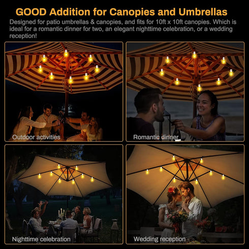 LED Canopy and Umbrellas Lights, 23 Ft LED Outdoor String Lights with Shatterproof Plastic 8LED C7 E-12 Light Bulbs, Waterproof, C Battery Powered...