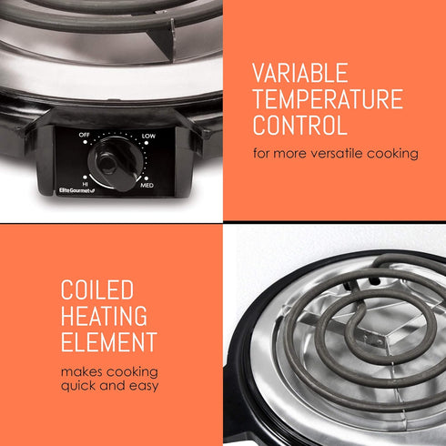 Elite Gourmet ESB-300X Single Countertop Coiled Burner, 1000 Watts Electric Hot Plate, Temperature Controls, Power Indicator Lights, Easy to Clean...