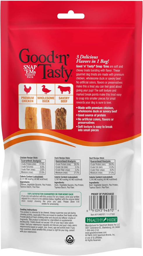 Good 'n' Tasty Triple Flavor Snap ‘Ems Gourmet Treats Variety Pack for All Dogs, 15 Count, Reward or Training Treat Made with Real Chicken, Duck a...