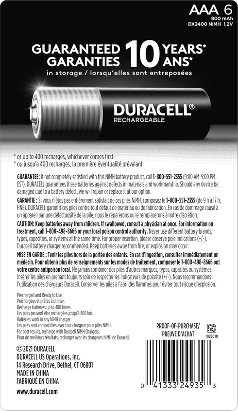Duracell Rechargeable AAA Batteries, 6 Count Pack, Triple A Battery for Long-lasting Power, All-Purpose Pre-Charged Battery for Household and Busi...