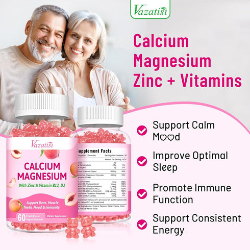 2 Pack Calcium Magnesium Zinc Gummies with Vitamin D3 & B12, Sugar Free Calcium Supplements for Women Men, Vegan Peach Flavor…...