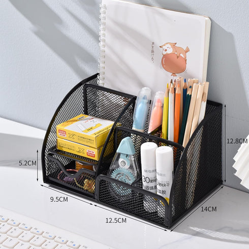 Black Mesh Pen Holder and Organizer Office Supplies with 7 Compartments, Desktop Organizer with Drawer, Metal Pen Holder for Desk, ?9.1" x 5.9" x ...