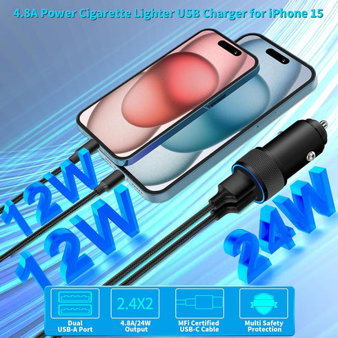 ?MFi Certified?iPhone 15 Fast Car Charger, SDNCIE 4.8A Dual USB Car Power Cigarette Lighter USB-C Car Charger Fast Charging + 2Pack Type-C Braided...