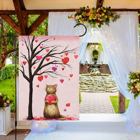 Valentine's Day Cat Garden Flag, Valentines Heart Love Tree Burlap 12 x 18 Inch Double Sided Yard Flag, Spring Seasonal Outdoor Decoration for Val...