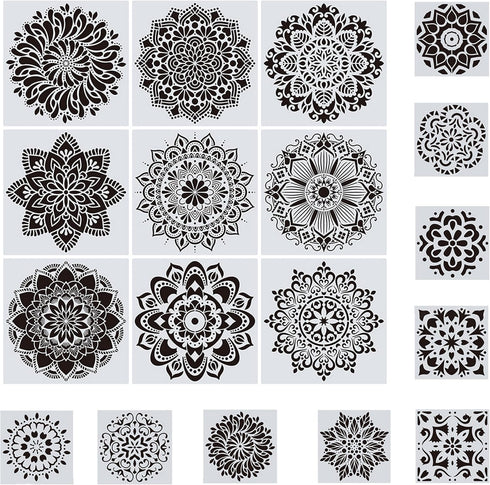 Woohome 18 PCS Reusable Stencils Painting Drawing Mandala, 9 PCS 12 x 12 Inch Painting Template and 9 PCS 6 x 6 Inch Painting Stencils for DIY Roc...