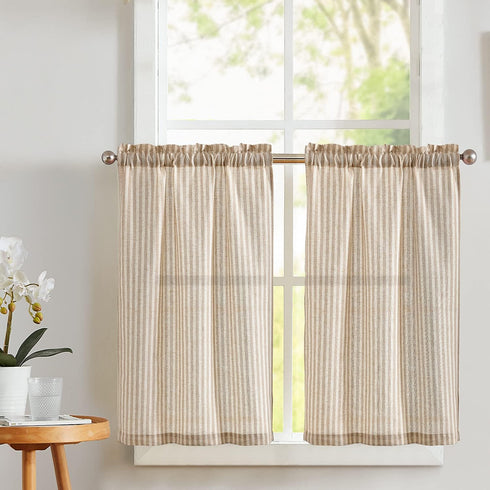 Vangao Stripe Farmhouse Kitchen Curtains 24 Inch Length Linen Blend Cafe Curtains Tickingstripe Tier Drapes Pinstripe Semi-Sheer Small Window Trea...