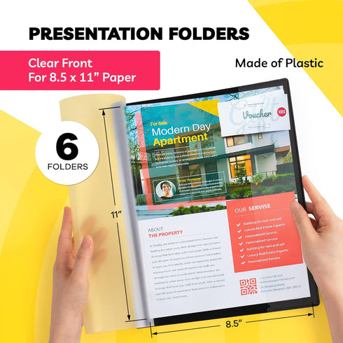 Report Covers - Report Covers with 3-Prong Fasteners Clear Front - Presentation Folders - (6 Set - Plastic - 8.5x11) - 3 Ring Report Folder - Clea...