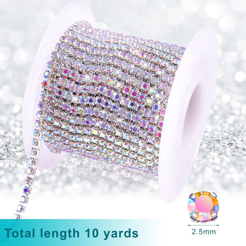 Blinginbox Rhinestones Chain 10 Yards SS8/2.5mm Crystal AB Glass Sew On Rhinestones Cup Chain with Silver Bottom Sew On Trim (SS8-2.5mm, Crystal A...