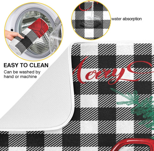 Oarenol Christmas Buffalo Truck Dish Drying Mat Black White Plaid Large 18 x 24 Inch Reversible Drying Mat for Kitchen Counter...