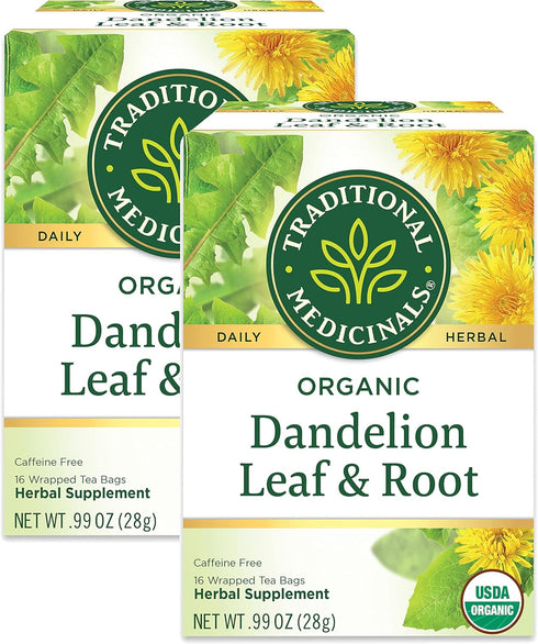 Traditional Medicinals Organic Dandelion Leaf & Root Herbal Tea, Supports Kidney Function & Healthy Digestion, (Pack of 2) - 32 Tea Bags Total...
