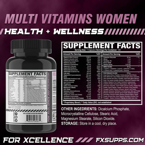 FXSUPPS Multivitamin for Women with Vitamin C, Vitamin D, Vitamin E, Zinc for Immune Support - Vegan Women's Multivitamin with Biotin, Iron, Antio...
