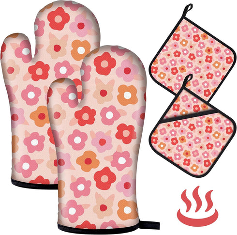 Oven Mitts Pot Holders Set 4 PCS for Kitchen, Heat Resistant Hot Pads Mittens Gloves for Cooking Grilling Baking BBQ Cute Flower Pot Holders Cook ...