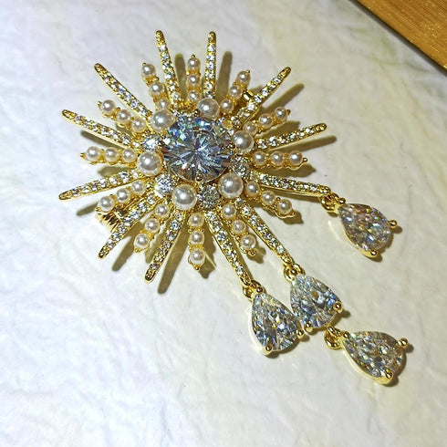Fantastic Gold Tone Atomic CZ and Pearl Beads Starburst Brooch with Trio Drop...