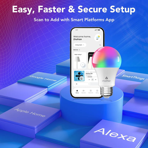 PARTPHONER Matter Smart LED Light Bulb Work with Google Home/Alexa/Apple Home/SmartThings/Siri, A19 E26 800LM Color Changing Light Bulb with Music...